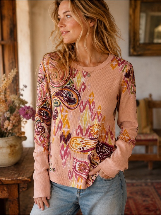 Sundance Tops - Sundance Waffle Knit Paisley Thermal Top Small 100% Cotton Boho